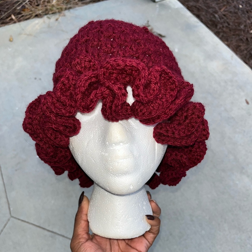 Handmade Cranberry Crochet Ruffle Hat